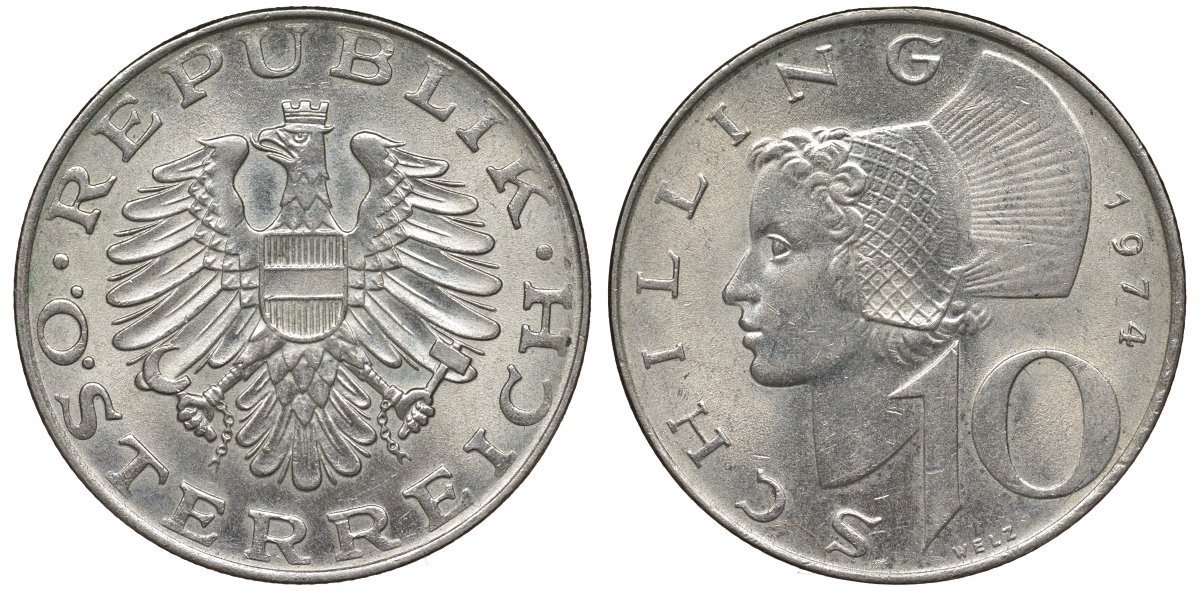 Австрия 10 шиллингов 1974 KM 2918 никель плакированный медно-никелем 4681-535
