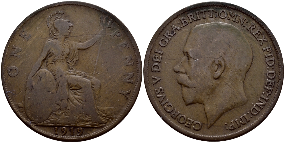 Великобритания 1 пенни 1919 Георг V (1910-1936) KM 810, Spink 4051 бронза 74-1222
