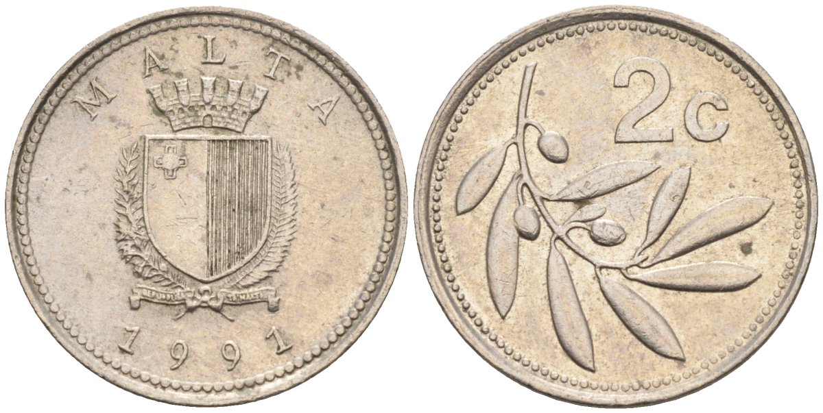 Мальта 2 цента 1991 оливковая ветвь KM 94 медно-никель 44-1054