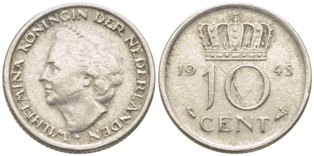 Нидерланды 10 центов 1948 Вильгельмина (1895-1948) KM 177 никель 112-257