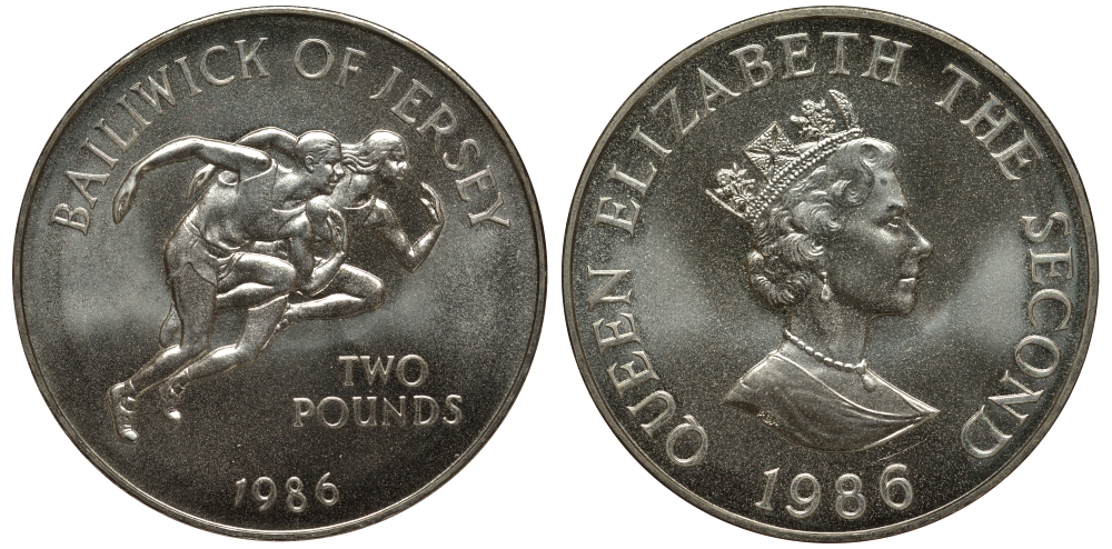 Джерси 2 фунта 1986 XIII игры Британского содружества в Эдинбурге KM 67.1а серебро UNC 1081-9-43