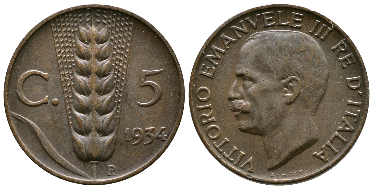 ИТАЛИЯ 5 ЧЕНТЕЗИМО 1934 R, ВИКТОР ИМАНУИЛ III KM 59 медь 4381-553
