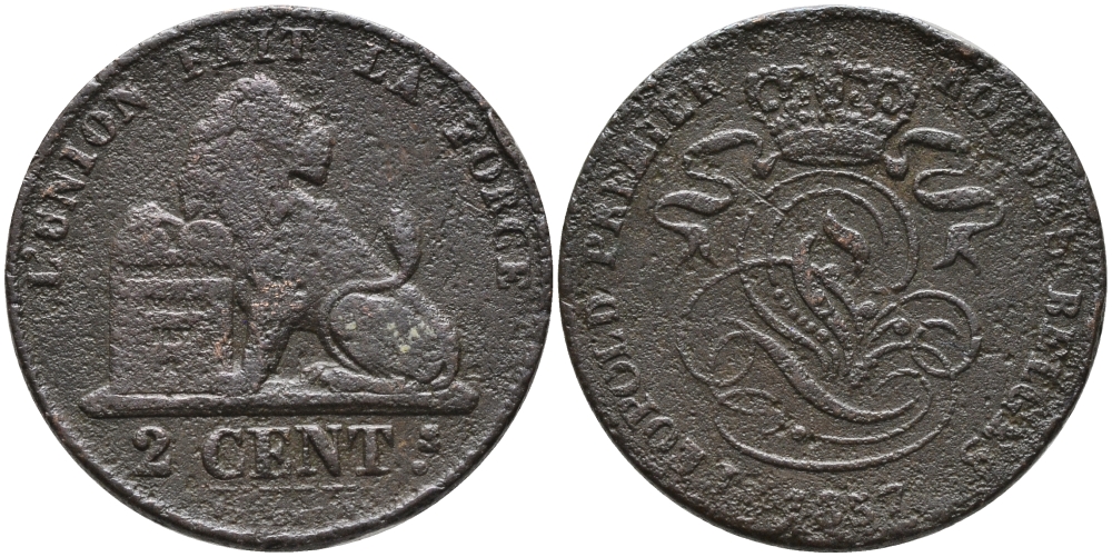 БЕЛЬГИЯ 2 САНТИМА 1857 BELGES KM 4.2 медь 95-711