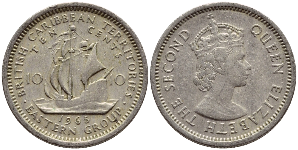 Британские Восточно-Карибские территории 10 центов 1965 Елизавета II (1952-2022), парусник KM 5 медно-никель 4392-659