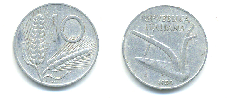 Италия 10 лир 1953 R, плуг, колосья KM 93 алюминий 86-945