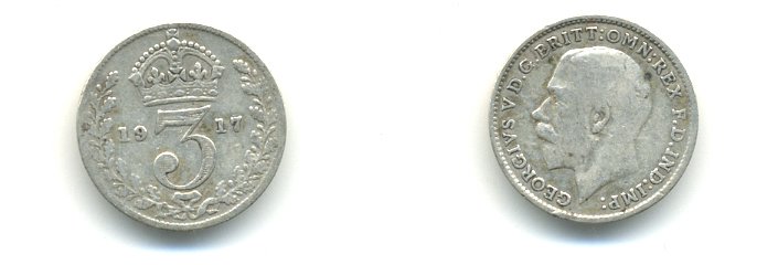 Великобритания 3 пенса 1917 Георг V (1910-1936) KM 813, Spink 4015 серебро 59-713
