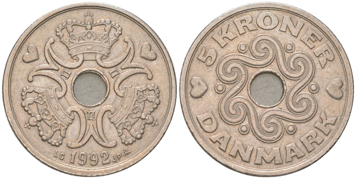 Дания 5 крон 1992 сердце LG, Маргрете II (1972-), редкий год KM 869 медно-никель 4131-1044