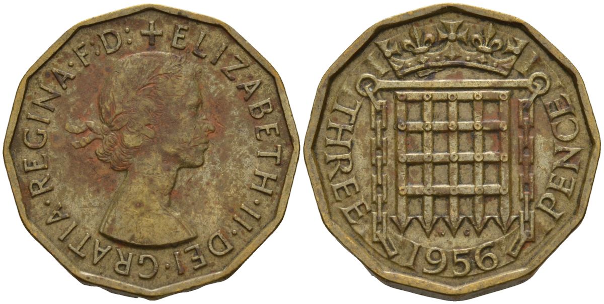 Великобритания 3 пенса 1956 Елизавета II (1952-2022) KM 900, Spink 4153 никель латунь 4153-734