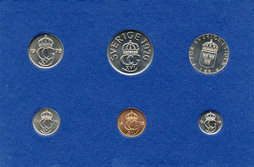 Швеция набор монетного двора из 6 монет 1976 в картоне, Карл XVI Густав (1973- ) KM MS4 UNC 7-5-7-215