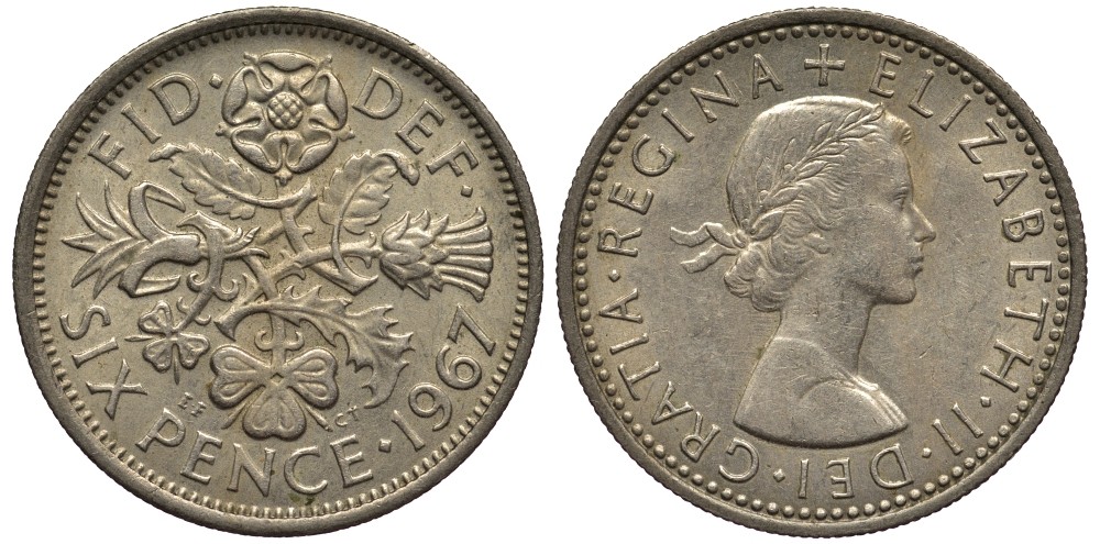 Великобритания 6 пенсов 1967 Елизавета II (1952-2022) KM 903, Spink 4149 медно-никель 4538-653