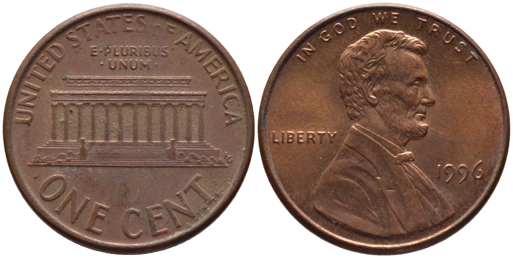 США 1 ЦЕНТ 1996 ЛИНКОЛЬН KM 201b цинк плакированный медью 66-1112