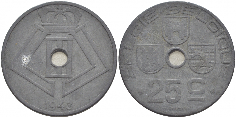 БЕЛЬГИЯ 25 САНТИМОВ 1943 BELGIE-BELGIQUE, ГЕРМАНСКАЯ ОККУПАЦИЯ, ВТОРАЯ МИРОВАЯ ВОЙНА KM 132 цинк 4529-1131