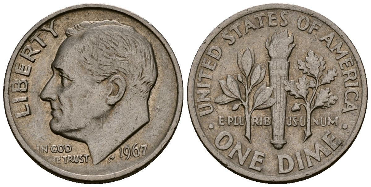 США 10 центов (дайм) 1967 Рузвельт KM 195a медь плакированная медно-никелем 4164-941