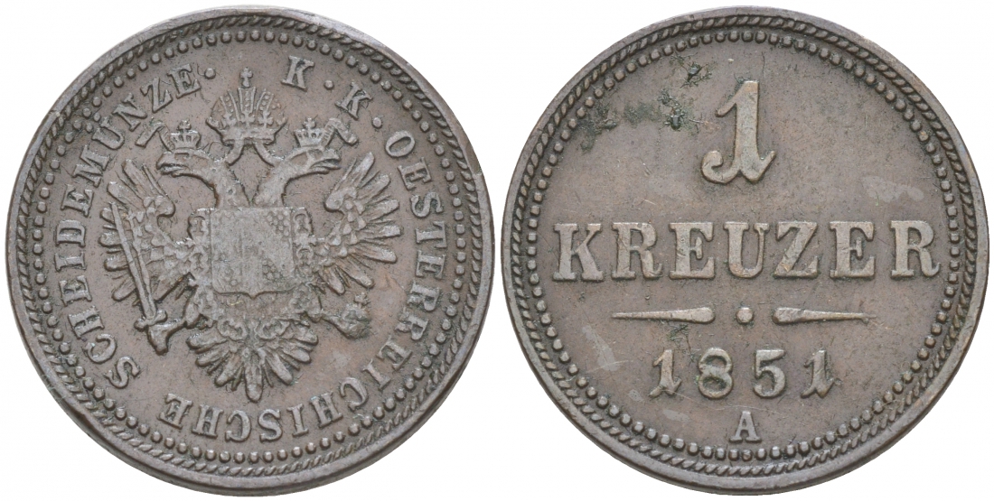 Австрия 1 крейцер 1851 A, Франц Иосиф I (1848-1916) KM 2185 медь 68-517