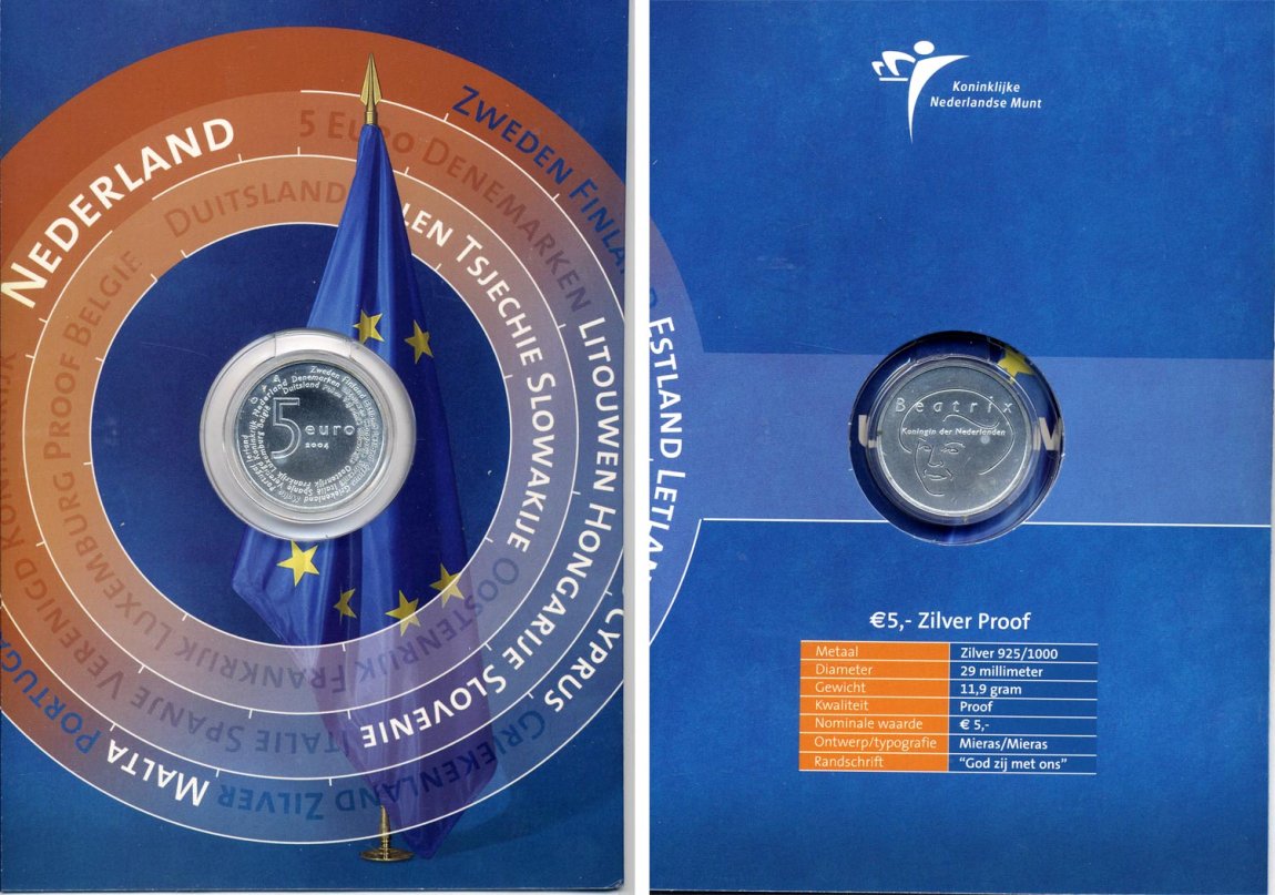Нидерланды 5 евро 2004 королева Нидерландов Беатрикс, вступление в ЕЭС, в оригинальном картонном буклете KM 252 серебро PROOF 5-6-2-02