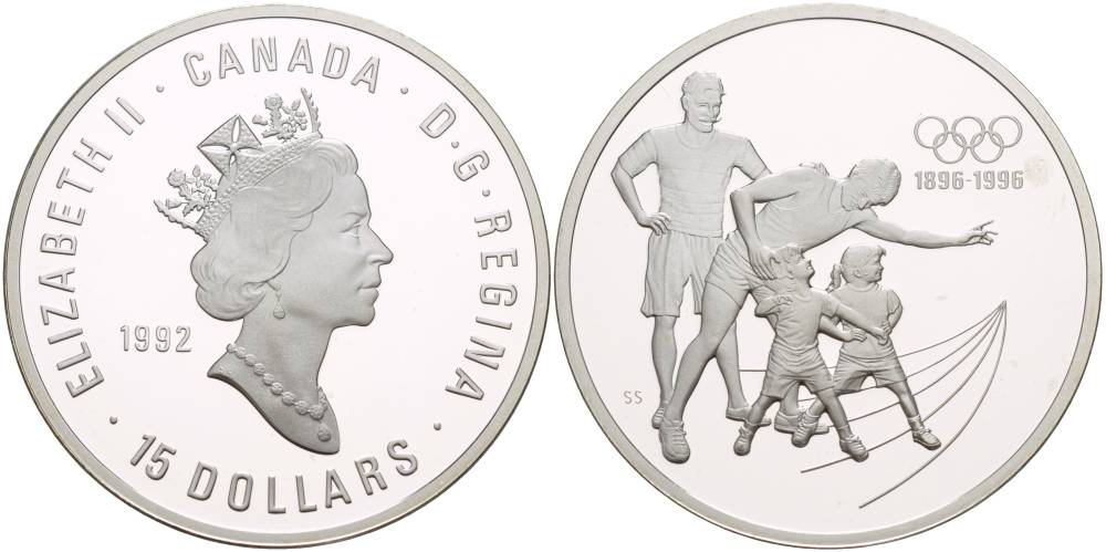 Канада 15 долларов 1992 XXVI Олимпийские игры в Атланте, 100 лет Олимпийскому движению (1896-1996) KM 215 серебро PROOF 1081-8-61