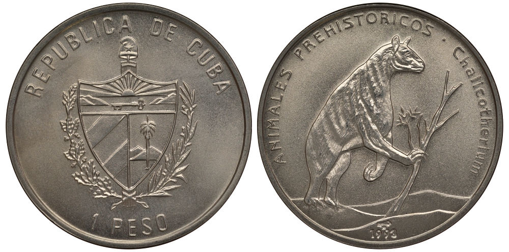 Куба 1 песо 1993 серия доисторические животные, Халикотерий KM 404 медно-никель UNC M16-19