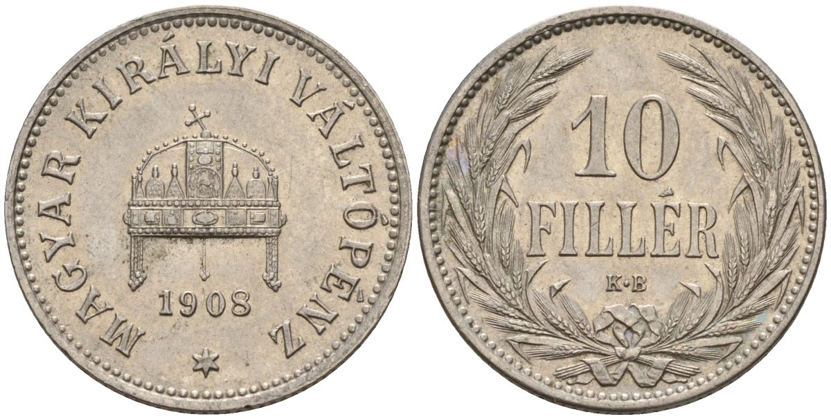 Венгрия 10 филлеров 1908 KB, Франц Иосиф I (1848-1916) KM 482 никель 4151-1113