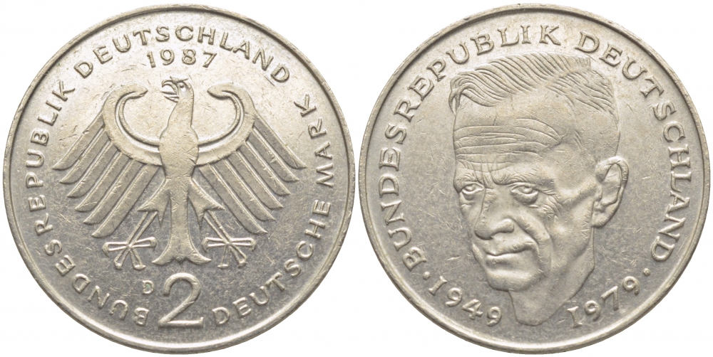 ФРГ 2 МАРКИ 1987 D, КУРТ ШУМАХЕР KM 149, J. 424 медно-никель плакированный никелем 3856-355