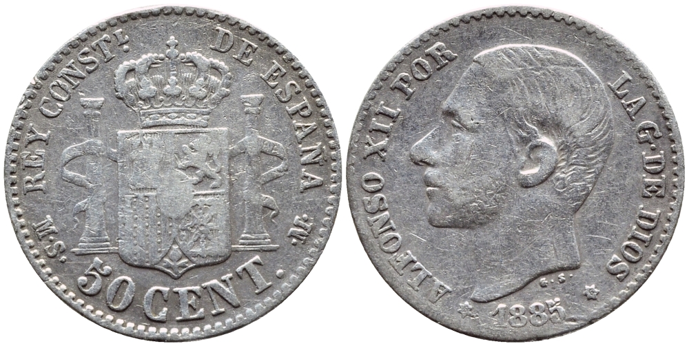 ИСПАНИЯ 50 СЕНТИМО 1885 (86) MS-M, АЛЬФОНСО XII KM 685 серебро 443-525
