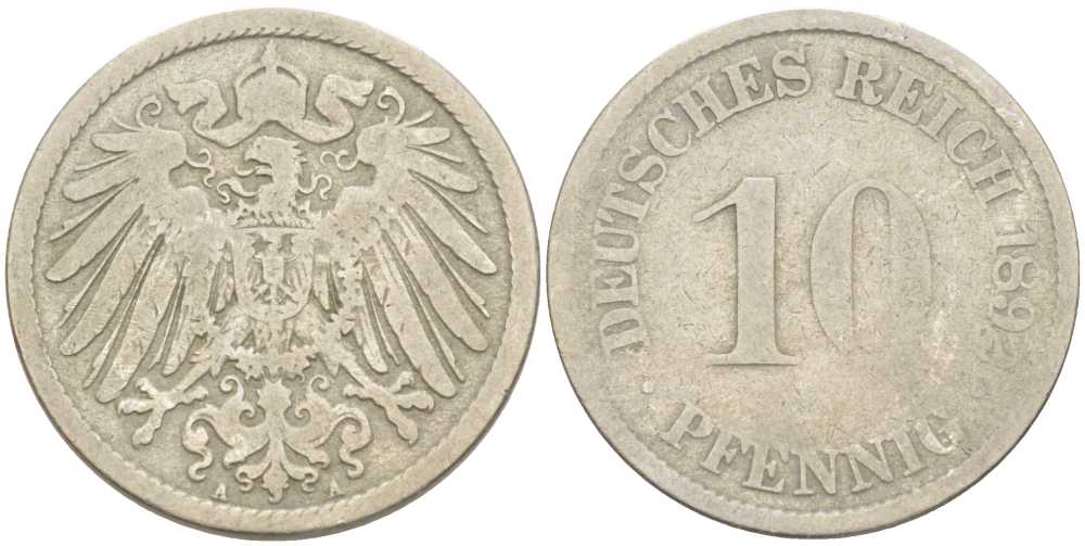 ГЕРМАНИЯ 10 ПФЕННИГОВ 1892 A KM 12, J. 13 медно-никель 175-213
