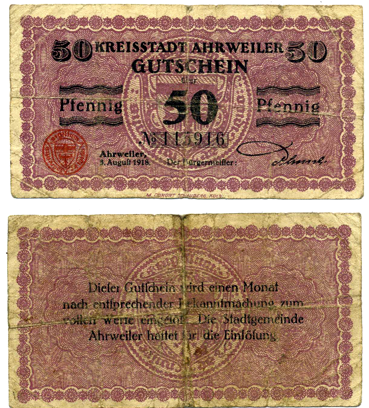 АРВАЙЛЕР 50 ПФЕННИГОВ 1918 3 АВГУСТА 1918, НОТГЕЛЬД, ЗЕМЛЯ РЕЙЛЯНД-ПФАЛЬЦ Grabowski А3.1b бумага 2193-12-3-2