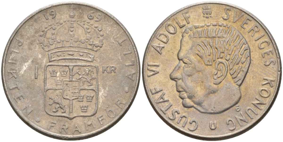 Швеция 1 крона 1969 U, Густав VI Адольф (1950-1973) KM 826a медь плакированный медно-никелем 4150-247