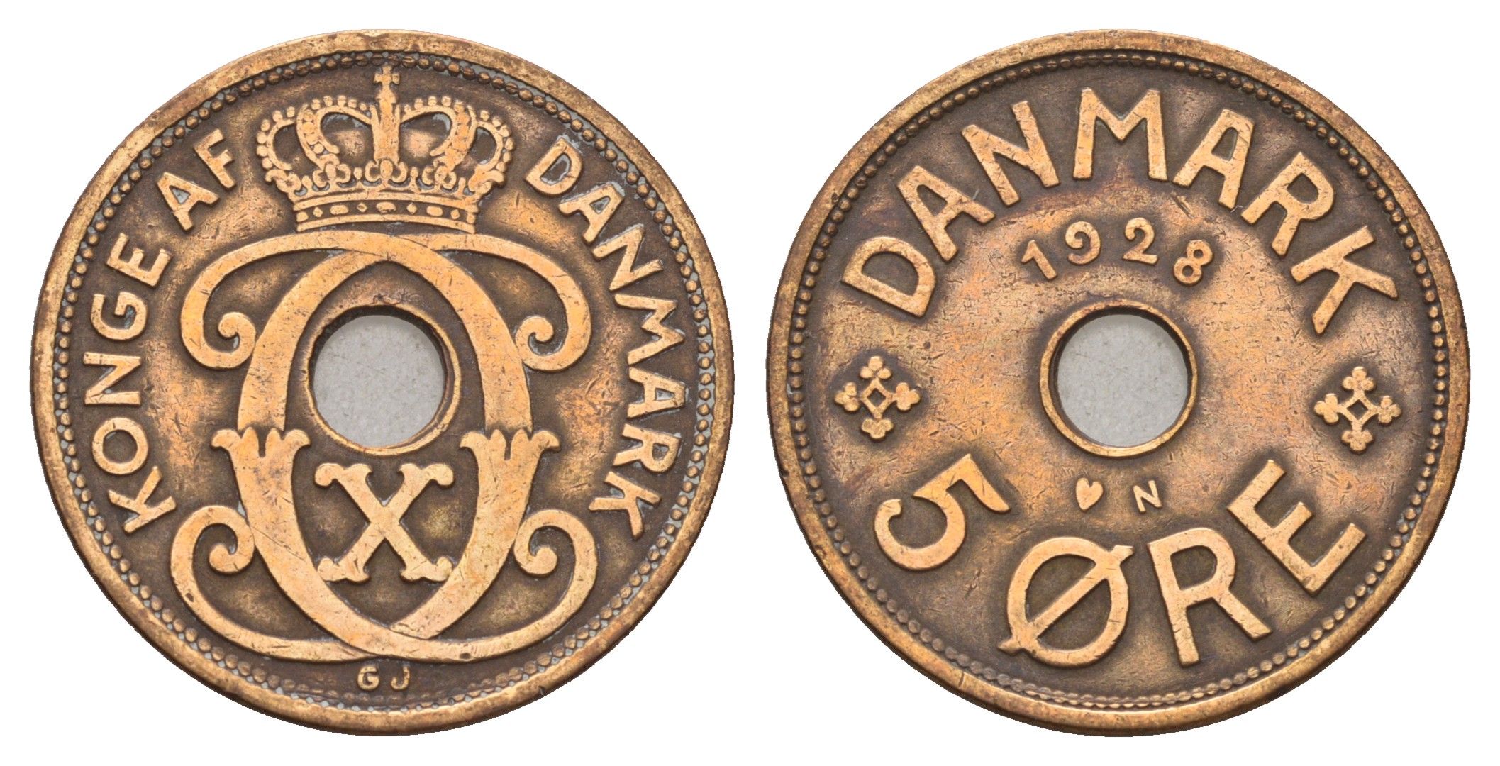 Дания 5 эре 1928 N, Кристиан X (1912-1947) KM 828 бронза 4700-821