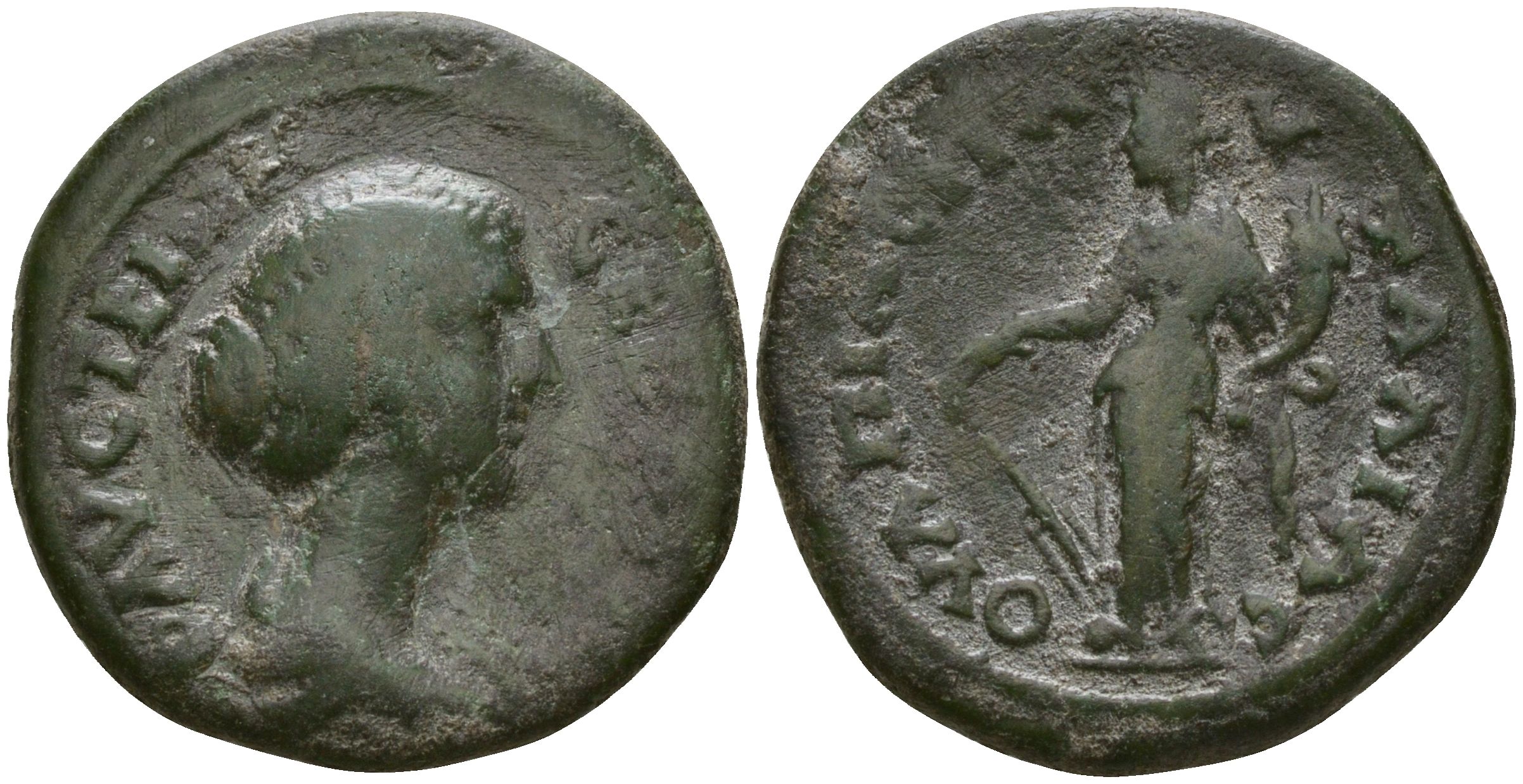 Римская Империя, Провинция Фракия, Павталия AE 161 - 176 Фаустина Младшая, жена Марка Аврелия, бюст императрицы / богиня Тихе RPC online IV.1 8833 бронза 1100-7-86