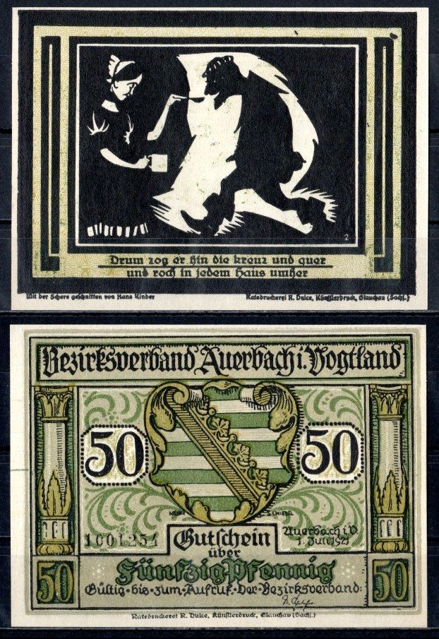 Ауэрбах-им-Фогтланд (Саксония) 50 пфеннигов 1921 Mehl Grabowski 53.2-3/6 бумага UNC (пресс) 7556-40-4-2