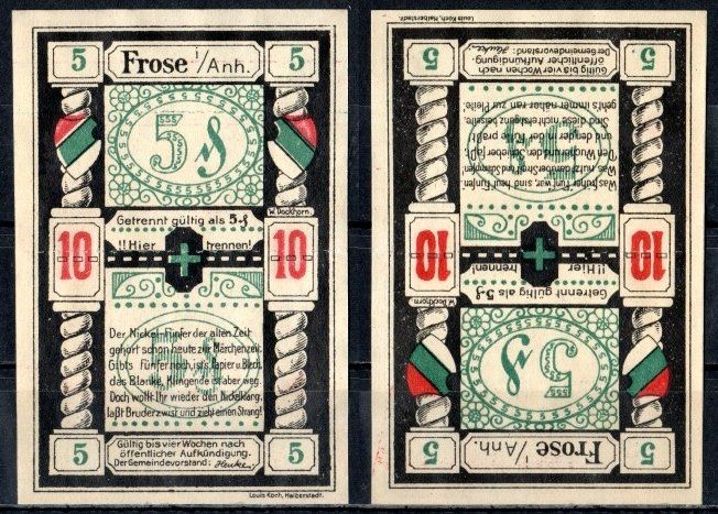 Фрозе (Анхальт) 10 пфеннигов (5+5) 1921 Mehl Grabowski 398.1 бумага UNC (пресс) 7555-19-2-1