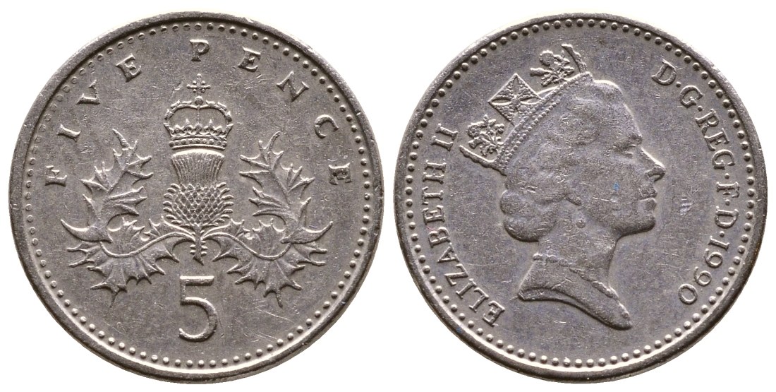 Великобритания 5 пенсов 1990 Елизавета II (1952-2022) KM 937b, Spink 4372 (D4) медно-никель 4383-148