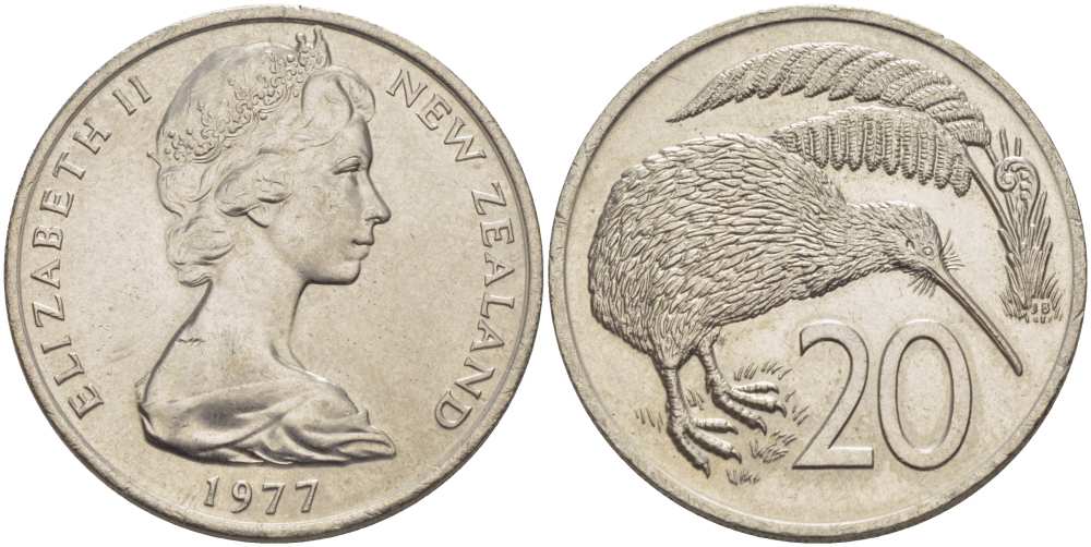 Новая Зеландия 20 центов 1977 Елизавета II (1952-2022), птичка киви KM 36.1 медно-никель 215-511