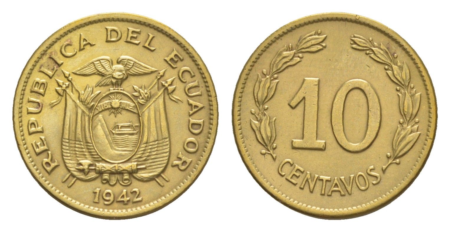 Эквадор 10 сентаво 1942 KM 76a латунь 1528-1432