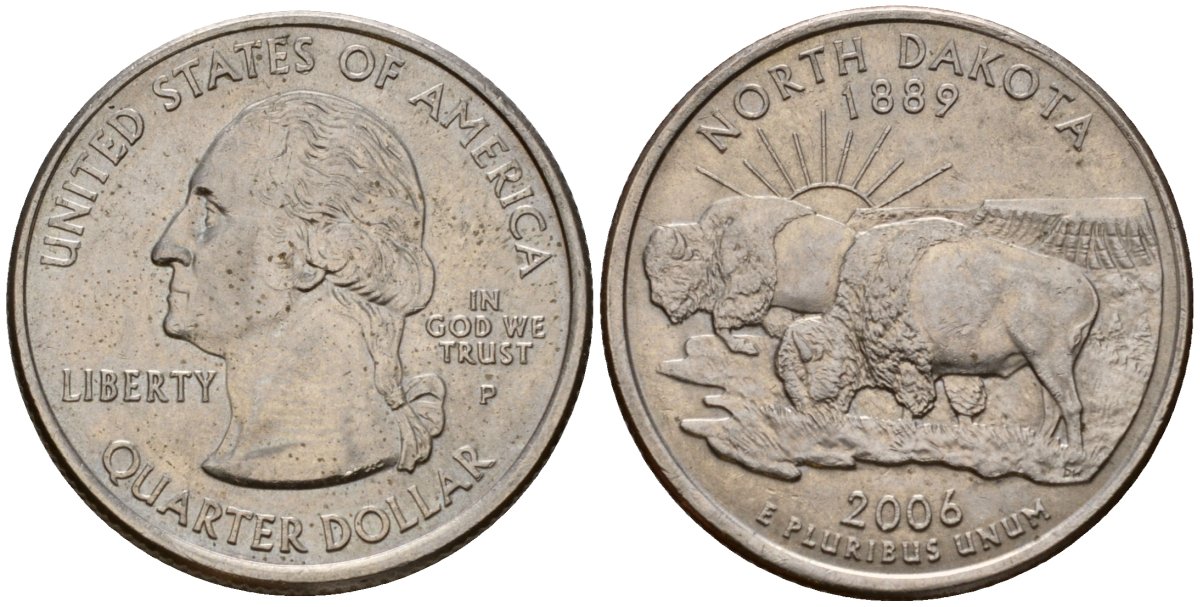 США 25 центов (квотер) 2006 P, серия штаты США, Северная Дакота KM 386 медь плакированная медно-никелем 4603-1211