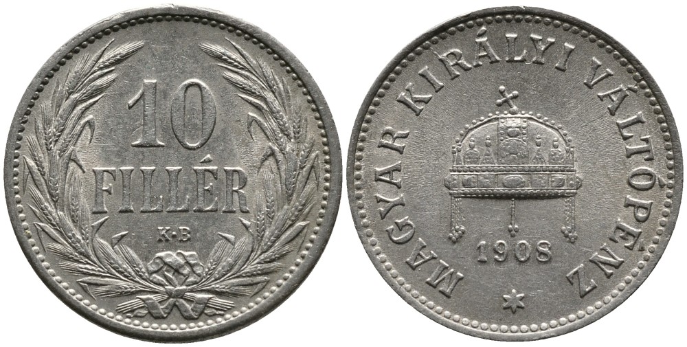 Венгрия 10 филлеров 1908 KB, Франц Иосиф I (1848-1916) KM 482 никель 4532-127