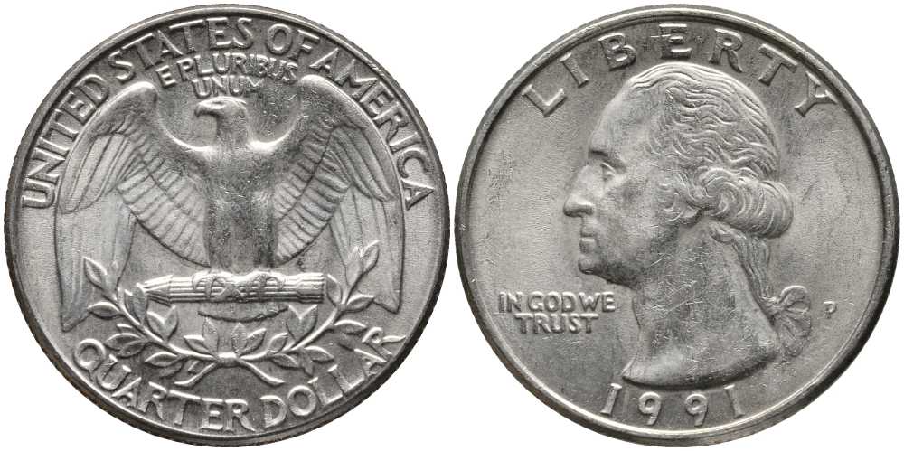 США 25 ЦЕНТОВ = КВОТЕР 1991 P, ВАШИНГТОН KM А164а медь плакированная медно-никелем 113-532