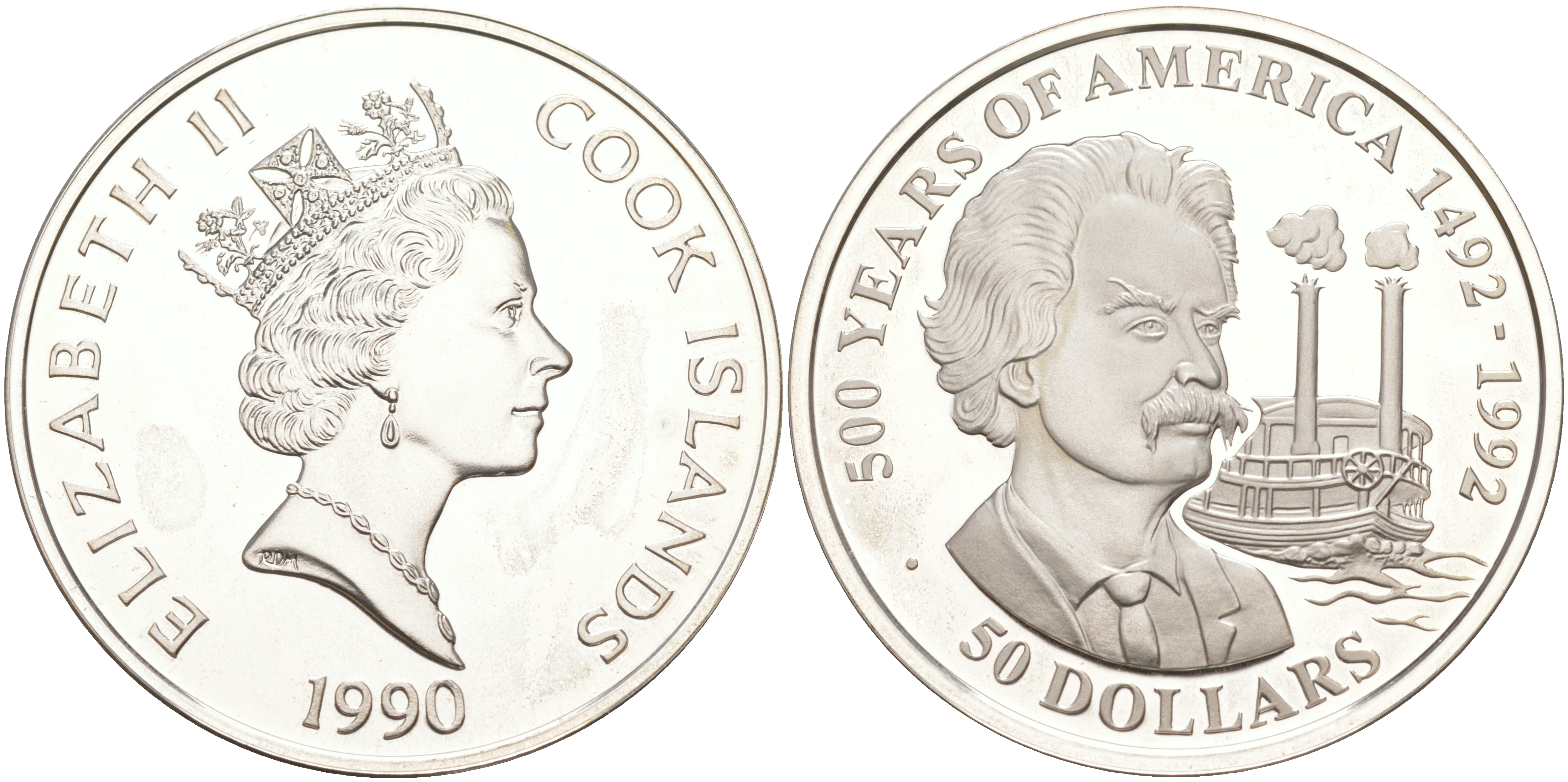 Острова Кука 50 долларов 1990 500 лет открытия Америки, Марк Твен (Сэмюэл Клеменс) KM 139 серебро PROOF 1074-7-21