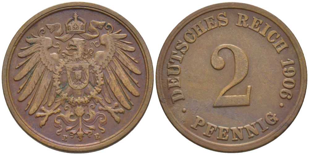 ГЕРМАНИЯ 2 ПФЕННИГА 1906 E KM 16, J. 11, Weege 4 медь 206-529