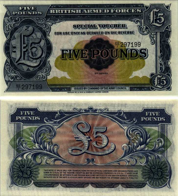АНГЛИЯ 5 ФУНТОВ 1958 ВТОРАЯ СЕРИЯ, ДЛЯ ВООРУЖЁННЫХ СИЛ Pick M23 бумага UNC (ПРЕСС) 7487-12-1