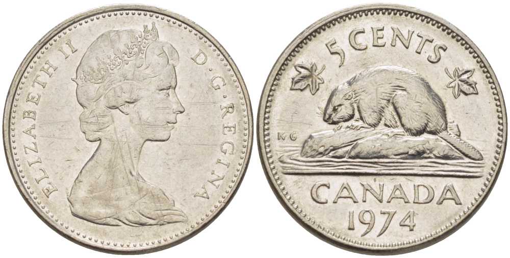 Канада 5 центов 1974 бобр, Елизавета II (1952-) KM 60.1 никель 86-653