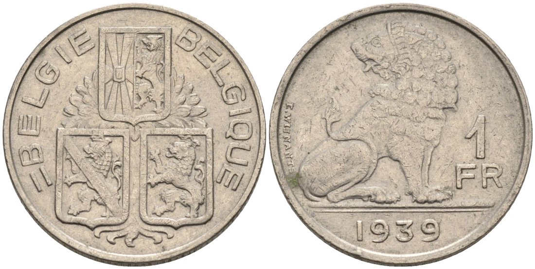 Бельгия 1 франк 1939 Belgie-Belgique, ЛЕОПОЛЬД III (1934-1950) KM 117.1 никель 4573-722