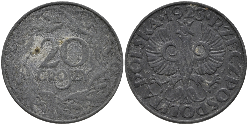 ПОЛЬША 20 ГРОШЕЙ 1923 w, ГЕРМАНСКАЯ ОККУПАЦИЯ, ВТОРАЯ МИРОВАЯ ВОЙНА KM 37 цинк 80-918