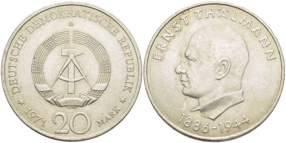 ГДР 20 марок 1971 A, 85 лет со дня рождения Эрнста Тельмана KM 34, J. 1535 медно-никель 4521-335