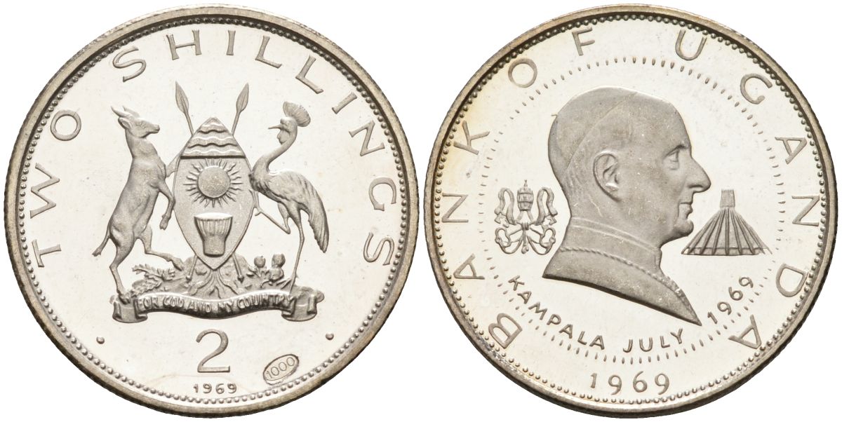 Уганда 2 шиллинга 1969 визит папы Иоанна Павла VI KM 8 серебро PROOF 00-00