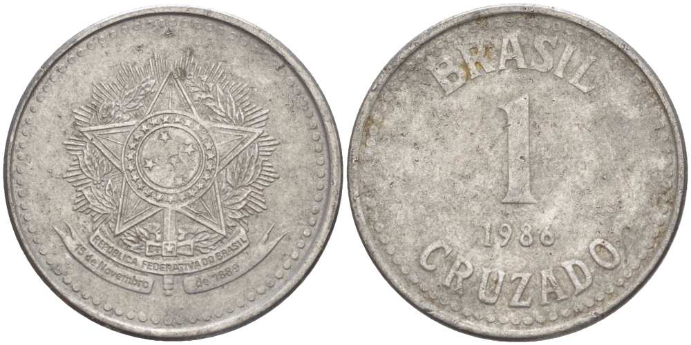 Бразилия 1 крузадо 1986 KM 605 нержавеющая сталь 217-1254