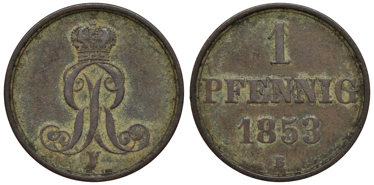 Ганновер 1 пфенниг 1853 B, Георг V KM 221, AKS 155, J. 83 медь 4594-525