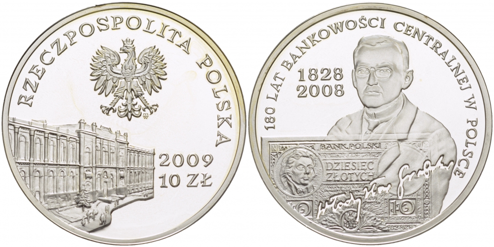 Польша 10 злотых 2009 180 лет центральному банку Польши KM 676 серебро PROOF 1084-7-33