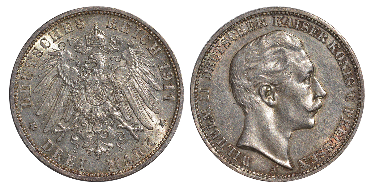 Пруссия 3 марки 1911  KM 527, J. 103 серебро  aUNC  413-914