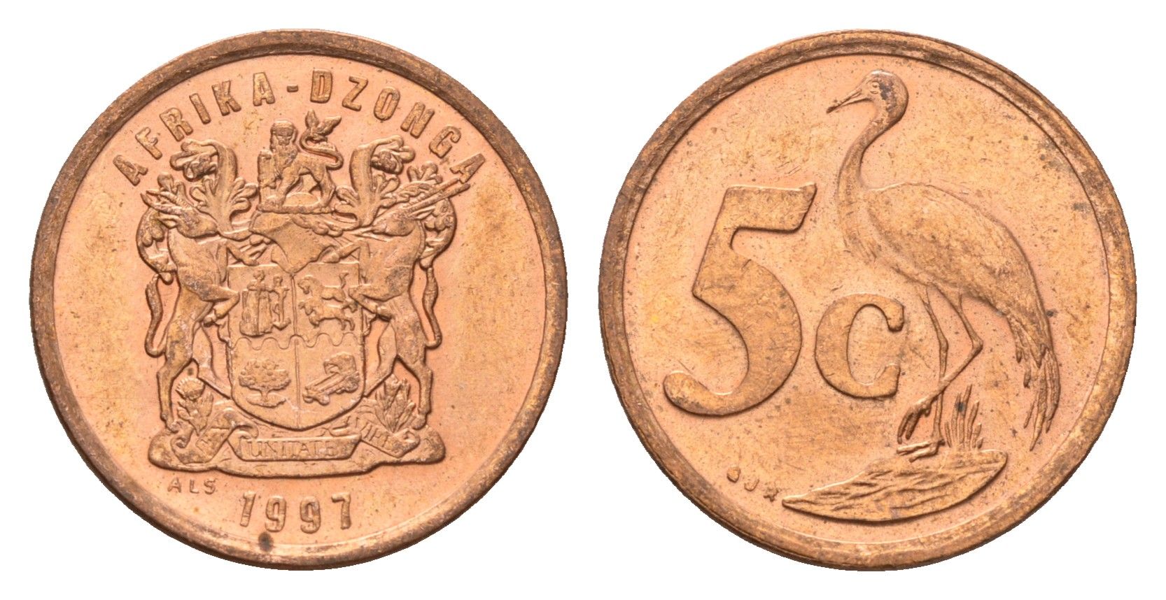 ЮАР 5 центов 1997 герб, райский журавль KM 160 сталь плакированная медью UNC 4687-218